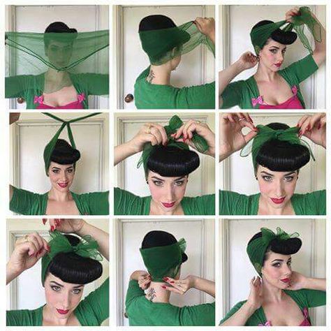 How to wear a bandanna Pin Up Hair Tutorial, Maquillage Pin Up, Vintage Hair Scarf, Cabelo Pin Up, Miss Victory Violet, Victory Violet, 50s Hairstyles, Beehive Hair, Rockabilly Hair