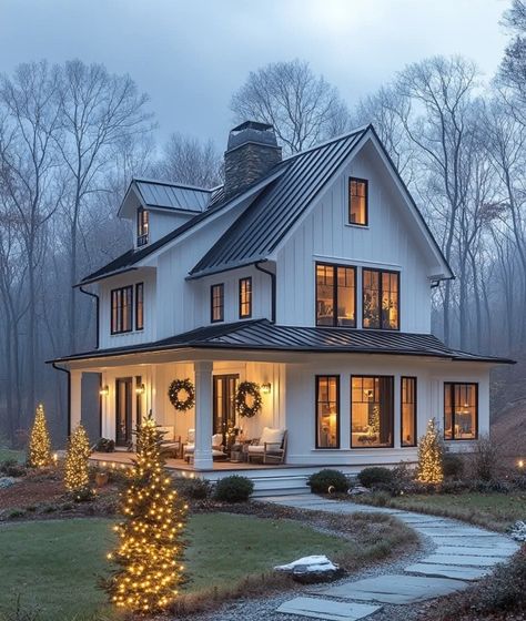 Winter Farmhouse Exterior, Gray House Exterior Black Trim, Story And A Half House Exterior, All Black Farmhouse, Black Roof House Colors, Barndo Colors, Houses Black And White, White And Black House Exterior, Post And Beam Cottage