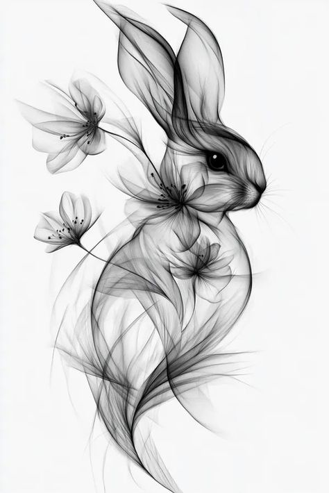 Tattoo idea: tattoo sketch whimsical rabbit with flowers in garden White Rabbit Tattoo Ideas, Bunny Sketch Tattoo, Simple Rabbit Tattoo, Drawings Of Bunnies, Bunny Tattoo Design, Bunny Tattoo Ideas, Black Rabbit Tattoo, Tattoo Rabbit, Owl Painting Acrylic