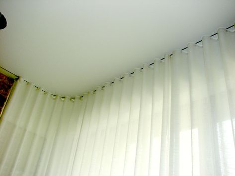 Curved Drapery Rod with Ripple Fold Sheer Fabric panes Ripplefold Draperies, Drapery Rods, Sheer Fabric, Sheer Fabrics, Soft Furnishings, Window Treatments, Curtains, Interior Design, Fabric