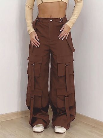 Coffee Brown Casual Collar  Woven Fabric Plain Cargo Pants Embellished Non-Stretch  Women Clothing Cargo Pants Outfit Casual For Women, Trousers With Pockets, Cargos Street Style, Best Cargo Pants Women, Twistout Hairstyles, Cool Cargo Pants, Cargo Pants Women Outfit, Cargo Pants Brown, Trousers Women Outfit