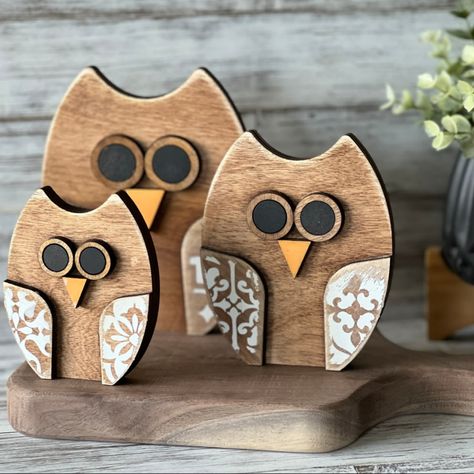 Owl Trio Shelf Sitters | DIY Laser Cut Wood Kit Wooden Bear Crafts Diy Wood, Wooden Owls Diy, Wooden Owls Diy Ideas, Wood Animals Diy, Diy Owl Crafts, Shelf Sitters Diy, Laser Cut Projects Ideas, 2025 Crafts, Handmade Wooden Gifts