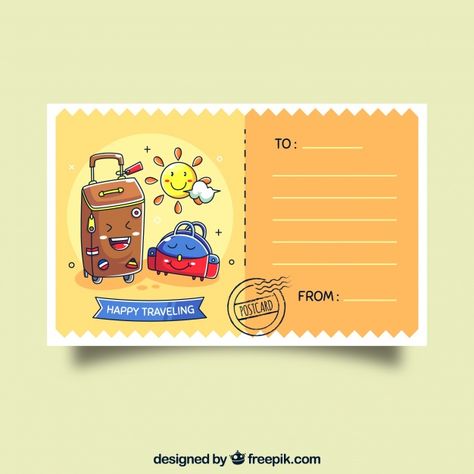 Cart Postal, Postcard Design Ideas, Postcard Idea, Passports For Kids, Cute Postcard, Gold Experience, Travel Fashion Airport, Printable Postcards, Packaging Ideas Business