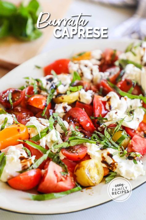 This Burrata Caprese Salad is a fresh and impressive appetizer to serve at your next dinner party! This Tomato and Burrata Salad features juicy bites of tomato layered with fresh basil and burrata cheese, then drizzled with olive oil and balsamic glaze. Burrata Tomato Salad is a crowd-pleasing pairing that you'll be making again and again. Just 15 minutes to put together and 7 simple ingredients! Burrata Caprese Salad, Burrata Tomato, Tomato And Burrata, Burrata Caprese, Impressive Appetizers, Caprese Salad Recipe, Burrata Salad, Burrata Cheese, Creamy Tomato Sauce