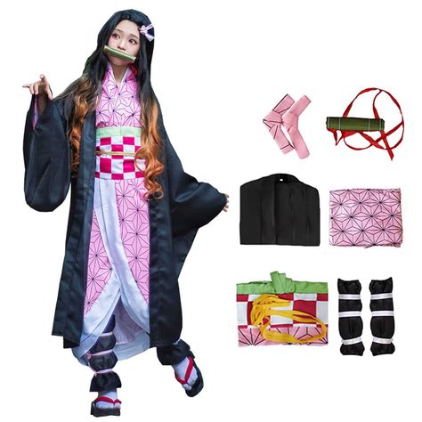 PRICES MAY VARY. Drawstring closure Material: Breathable and moveable polyester fabric, meticulous stitching and seams, Comfortable wearing. Included: 1*Black Kimono-Jacket, 1*Pink Kimono, 1*Waistband, 1*Waist Strap,2*Leggings, 2*Legging Strap, 1*Bamboo Pipe,2* Pink Print Hairpin. Detailes: Womens Girls Anime Kimono Cosplay Costume with Bamboo and Hairclips Outfit Halloween Costume Perfect for kamado cosplay and casual, Halloween, Carnival, comic con, party event, or fans gifts, etc. Notice: Bef Nezuko Keychain, Nezuko Costume, Green Cloak, Demon Slayer Cosplay, Outfit For Halloween, Green Costume, Kimono Cosplay, Nezuko Cosplay, Green Costumes