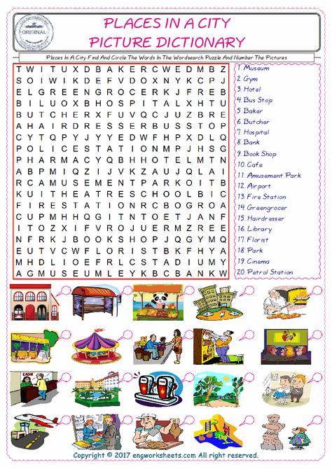 Places In A City Find And Circle The Words In The Wordsearch Puzzle And Number The Pictures City Puzzle, Puzzles Printable, Seasons Worksheets, Exercises For Kids, Christmas Learning, 6th Grade Social Studies, English Teaching Materials, Esl Vocabulary, French Teaching Resources