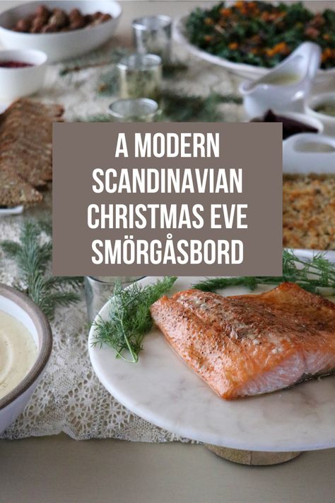 A simple, elegant Christmas Eve Smörgåsbord menu which both honors Swedish tradition and brings some fresh, modern dishes to the table. #christmas #scandinavian #swedish #smörgåsbord Scandinavian Christmas Food Norwegian Recipes, Scandinavian Christmas Cookies Recipes, Swedish Christmas Tablescape, Shepherds Dinner Christmas Eve, Swedish Christmas Baking, Norwegian Smorgasbord Ideas, Norwegian Charcuterie Board, Christmas Table Scandinavian, Swedish Appetizer Recipes