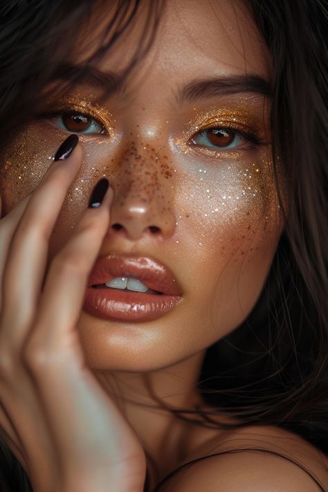 Silver Gold Makeup Look, Golden Halloween Makeup, Gold Sparkle Eyeshadow, Leo Rising Makeup Looks, Shine Makeup Look, Golden Fairy Makeup, Gilded Glamour Makeup, Leo Rising Makeup, Golden Makeup Look Glam