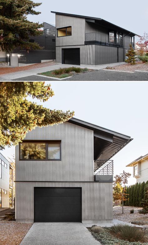 Corrugated Metal Siding Gives This New House A Strong Exterior Corrugated Metal Exterior, Metal Siding House, Rv House, Metal Houses, Amatitlan, Corrugated Metal Wall, Corrugated Metal Siding, Steel Siding, Corrugated Metal Roof