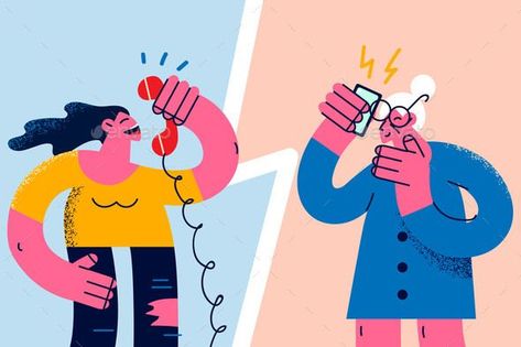 Happy Young and Old Woman Talk on Phone Vs Illustration, Woman Vector, Telephone Call, Illustration People, Women Talk, Old Woman, Graphic Design Illustration, Design Illustration, Illustration Design