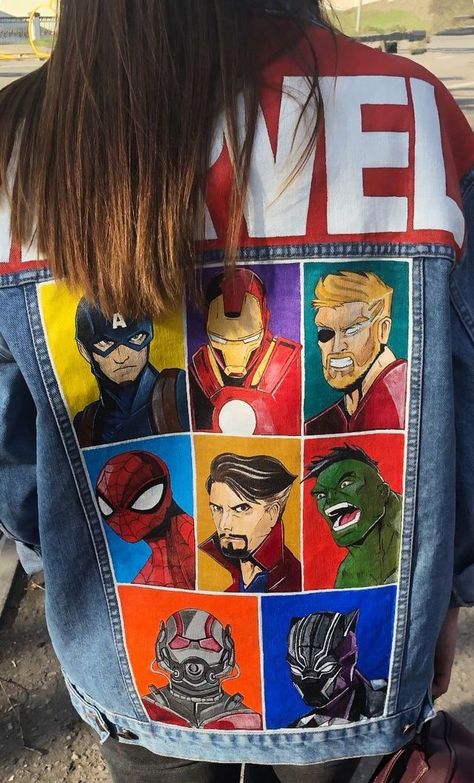 Marvel Jewelry, Marvel Fashion, Painted Clothes Diy, Hand Painted Denim Jacket, Marvel Clothes, Marvel Merchandise, Denim Art, Painted Denim Jacket, Painted Jeans