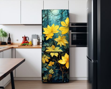 Fridge Wallpaper, Refrigerator Vinyl, Skin Watercolor, Fridge Decals, Refrigerator Wraps, Wallpaper Kitchen, Botanical Theme, Vintage Leaves, Fridge Stickers