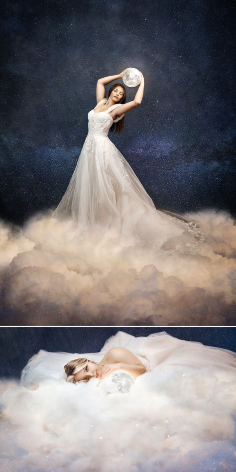 Surreal Photoshoot Ideas, Cloud Background Photoshoot, In The Clouds Photoshoot, Clouds Photoshoot Ideas, Cloud Backdrop Photoshoot, Celestial Maternity Shoot, Cloud Maternity Shoot, Photoshoot Concepts Creative Indoor, Cloud Photoshoot Ideas