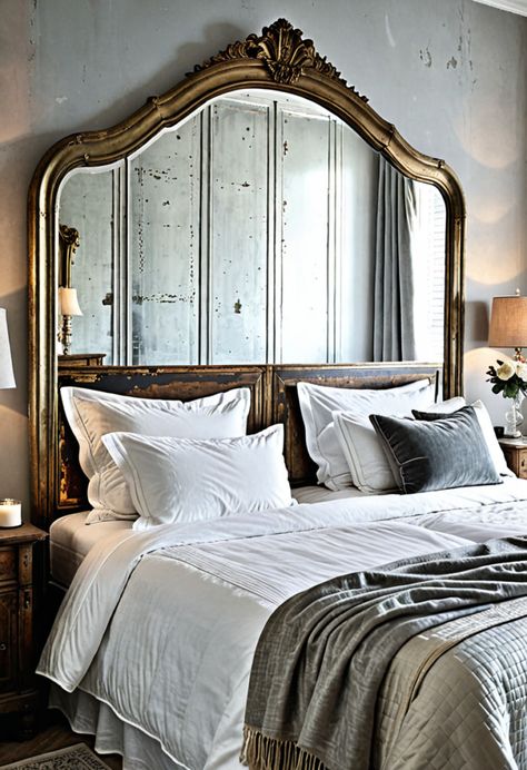 14 Mirror Over Headboard Ideas: Elevate Your Bedroom Decor » HomeDecorFull Bed Frame Headboard Ideas, Mirror Over Headboard, Mirror Over Bed Ideas, Large Mirror In Bedroom, Mirror Above Bed, Mirror Over Bed, Tapestry Headboard, Antique Headboard, Mirror Decor Ideas