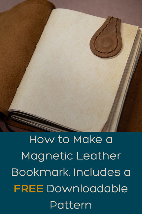 Brown leather bookmark attached to a book using magnets. How To Make A Magnetic Bookmark, Magnetic Leather Bookmark Diy, Magnetic Book Marks Diy, Magnetic Bookmark Template, Leather Bookmark Diy, Leather Magnetic Bookmark, Magnetic Book, Diy Marker, Leather Tutorial