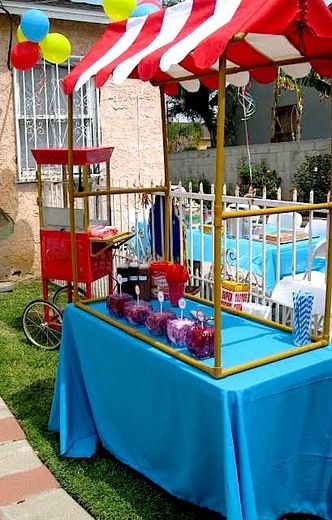 // Circus Tent Trunk Or Treat, Carnival Birthday Table Setup, Diy Circus Tent Backdrop, Circus Tent With Table Cloth, Inside Circus Tent, Carnival Booths, Fall Carnival, Carnival Birthday Party Theme, Circus Carnival Party