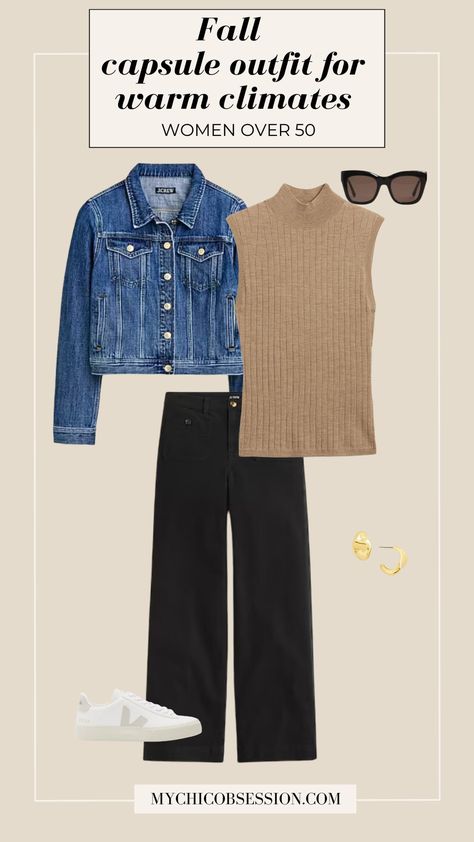 How to Curate the Ideal Fall Capsule Wardrobe for Warm Climates (Women Over 50) - MY CHIC OBSESSION Spring 2024 Capsule Wardrobe Over 40, Casual Outfits Short Sleeve, Best Pants For Women Over 50, Work Jeans Outfits Women, Fall Over 50 For Women, Relaxed Style Women, Over 50 Fashion 2024, Fall Capsule Wardrobe 2024 Over 50, Classic Fall Outfits 2024