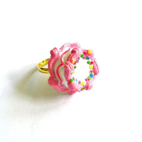 Pink Birthday Cake Ring Pink Cake Ring Kawaii by FatallyFeminine Cheap Pink Novelty Jewelry, Playful Pink Rings For Gifts, Fake Cake Jewelry, Cake Earrings, Polymer Clay Cake Jewelry, Novelty Birthday Cakes, Pink Frosting, Pink Birthday Cakes, Miniature Food Jewelry