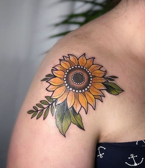 Neotrad Sunflower Tattoo, Sunflower Colored Tattoo, Sunflower Tattoo Colorful, Sun Flower Tattoo Color, Traditional Style Sunflower Tattoo, Sunflower On Shoulder Tattoo, Traditional Tattoo Sunflower, Neo Traditional Sunflower Tattoo, American Traditional Sunflower