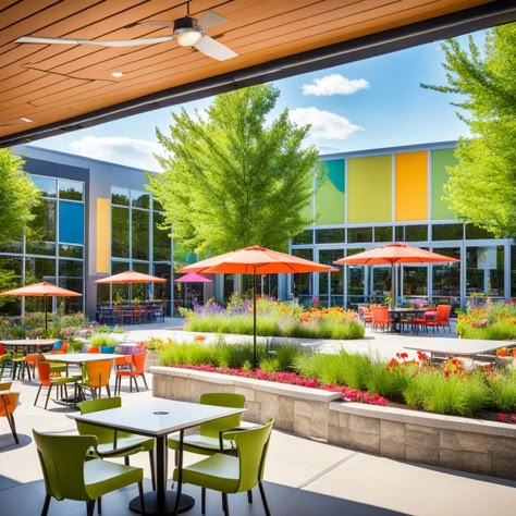 Outdoor dining spaces School Cafeteria Design, Outdoor Cafeteria, Canteen Design, Cafeteria Design, School Cafe, School Interior, Outdoor Dining Spaces, School Cafeteria, Indoor Dining