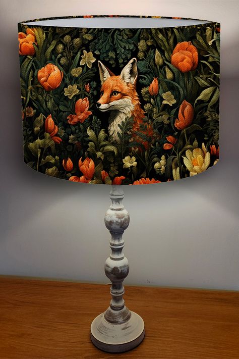 Fox Lamp, Fox In The Woods, Interior Flowers, Unique Lampshades, William Morris Inspired, Handmade Lampshades, Room Green, Handmade Lamp, Custom Shades