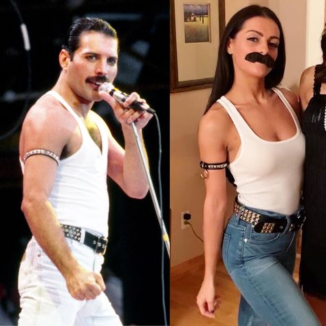 Celeb Costumes Ideas, Female Freddie Mercury Costume, Iconic People Halloween Costumes, Iconic Celebrity Moments, Freddy Mercury Halloween Costumes, Freddy Mercury Costume Women, Pop Culture Costumes 2023, Freddie Mercury Costume Woman, Pixie Cut Halloween Costumes