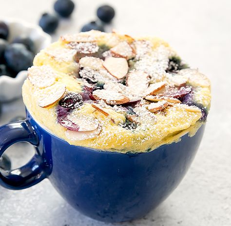 Blueberry Almond Mug Cake (Paleo, Gluten Free) - Kirbie's Cravings Cake Recipes Microwave, Almond Mug Cake, Blueberry Mug Cake, Recipes Microwave, Paleo Mug Cake, Mug Cake Recipes, Gluten Free Mug Cake, Single Serve Cake, Chocolate Chip Mug Cake