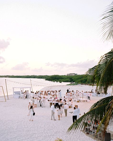 Beach Wedding Cancun, Beach Welcome Party Destination Weddings, Destination Welcome Party, Cabo Welcome Party, All White Welcome Party, Beach Wedding Mexico, All White Beach Party, Beach Bonfire Wedding, White Welcome Party