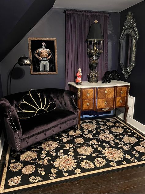 70s Goth Decor, Goth Accent Wall, Goth Esthetician Room, Cozy Gothic Living Room, Esthetician Motivation, Goth Living Room, Goth Bathroom, Moody Bohemian, Dark Decor