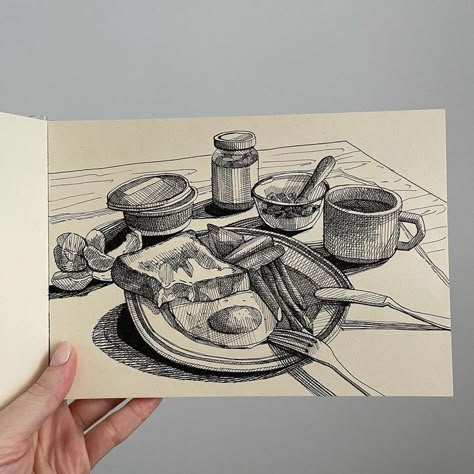 Breakfast Art Drawing, Cute Pen Drawings, Breakfast Sketch, Breakfast Drawing, Breakfast Painting, Breakfast Art, Life Sketch, Pen Art Work, Pen Art Drawings