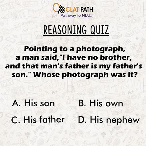 Reasoning Quiz - CLAT PATH- Pathway to NLU 🤘 #exam #onlinepreparation #lawentrance #legal #law #coaching #experts #mentors #expertguidance #examprep #clatpath #Ans_A Clat Exam, Birthday Post, Birthday Post Instagram, Exam Prep, Birthday Posts, Post Instagram, Father And Son, Coaching, Word Search Puzzle