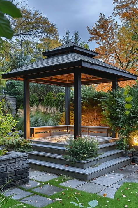 Virgin Mary Statue Garden, Backyard Gazebo Ideas, Roof Idea, Park Gazebo, Garden Pavillion, Garden Planning Layout, Modern Gazebo, Japanese Tea House, Gazebo Ideas