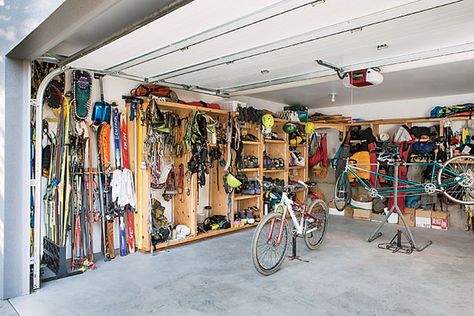 Ski And Bike Storage, Fishing Gear Storage Garage, Outdoor Equipment Storage, Sport Equipment Storage, Fishing Garage, Climbing Storage, Gear Room Ideas, Outdoor Gear Storage, Gear Garage