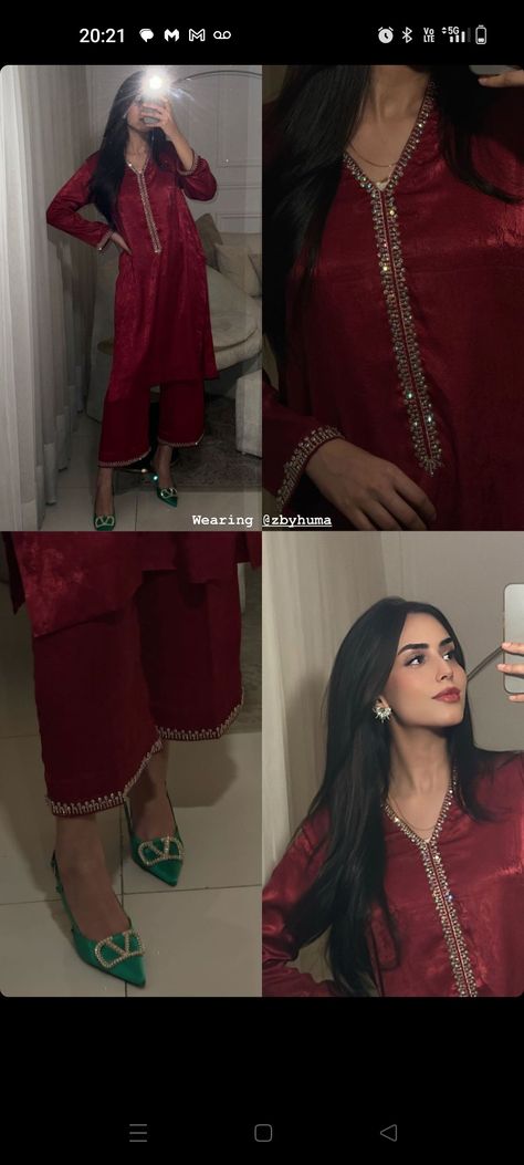 Aesthetic Desi Dress, Red Eid Outfit, Red Dresses Pakistani, Pakistani Red Suit, Pakistani Aesthetic Outfits, Pakistani Suits Design Ideas, Desi Dress Pakistani Outfits, Ayesha Baig Dresses, Aesthetic Indian Wear