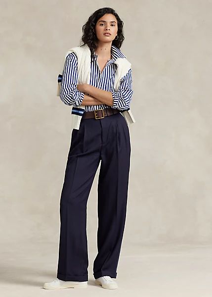 Wool Wide-Leg Tuxedo Pant Navy Blue Pinstripe Pants Outfit, Wide Pants Outfit Women, Navy Blue Pants Outfit Women, Ralph Lauren Style Classy, Navy Pants Outfit Work, Navy Outfits For Women, Navy Trousers Outfit, Pleated Trousers Outfit, Ralph Lauren Style Women