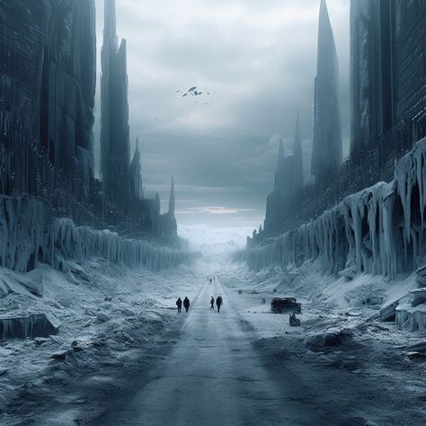 Cold Landscape Aesthetic, The Ice Court, Ice Kingdom Fantasy Art, Frozen City, Ice City, Desert Snow, Ice Aesthetic, Scarlett Red, Apocalypse World