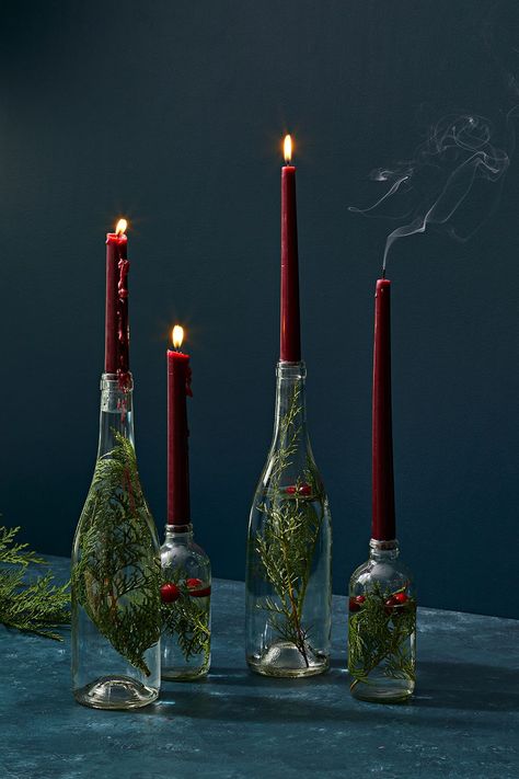 evergreen candle sticks Evergreen Candle, Bottle Candle Holder, Christmas Crafts For Adults, Festive Centerpieces, Christmas Hacks, Bottle Candles, Candle Sticks, Christmas Inspo, Christmas Table Settings