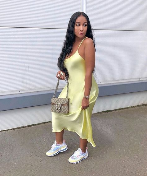 Satin Dress With Sneakers, Satin Dress Outfit, Dress And Sneakers Outfit, Lace Front Human Hair, Looks Street Style, Hair Weave, Dope Outfits, Satin Dress, Looks Vintage