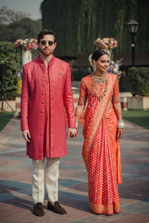 Arushi Mehra and Miguel Villaquiran’s wedding was a riot of colours | Vogue India Red Saree Wedding, Reception Saree, Couple Wedding Dress, Indian Bridal Dress, Vogue India, Indian Bridal Fashion, Indian Bridal Outfits, Indian Wedding Outfits, Traditional Attire