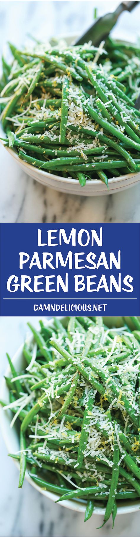 Lemon Parmesan Green Beans - Super simple skillet green beans. Perfectly crisp-tender, smothered in lemon zest and Parmesan cheese. Easy and flavorful! Skillet Green Beans, Parmesan Green Beans, Lemon Green Beans, Roasted Green Beans, Green Bean Recipes, Veggie Side Dishes, Vegetable Sides, Side Recipes, Veggie Dishes