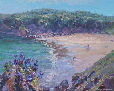 Vipers Bugloss, Barafundle Bay by British Contemporary Artist Mark PRESTON Barafundle Bay, Bay Painting, British Paintings, Red Rag, Contemporary Artist, Preston, Abstract Landscape, Contemporary Artists, Art Gallery