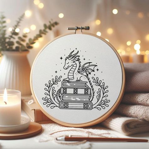 Dragon With Books Hand Embroidery Pattern , Cute Easy Fantasy Magical Beginner Friendly Pattern PDF , Floral Books Embroidery Design - Etsy Canada Fantasy Embroidery, Books Embroidery, Embroidery Books, Dragon Embroidery, 2024 Ideas, Simple Embroidery Designs, Fiber Crafts, Embroidery Book, Hand Embroidery Projects