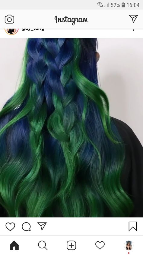 Green And Black Split Dye Hair, Black Green Split Dye, Dark Green Split Dye Hair, Split Dye Blue And Green, Green And Blue Hair, Blue And Green Dyed Hair, Navy Blue Hair, Half And Half Hair, Dark Green Hair