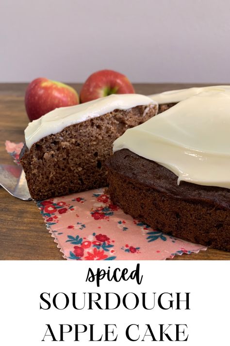 Sourdough discard apple cake with homemade cream cheese frosting. This spiced apple cake is a great fall dessert idea. Simple sourdough baking! The sourdough discard makes the cake moist and tender. The spiced apples will please all your fall food and dessert cravings. Sourdough Spice Cake, Sourdough Apple Spice Cake, Sourdough Apple Loaf, Apple Pie Sourdough Bread, Sourdough Discard Apple, Spiced Apple Cake, Sourdough Apple, Homemade Cream Cheese Frosting, Simple Sourdough