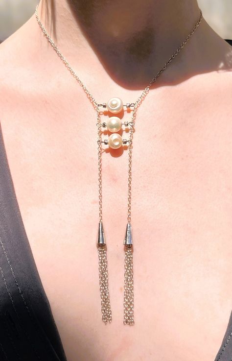 Three tiers of a Fresh Water Pearl lariat necklace, accented with your choice of silver or gold tone beads, chain, and tassels. Tied bolo style or left to swing in the wind, this necklace will always generate rave compliments! Perfect for brides, weddings, or a night out, or dressing up a casual outfit. Boho Bridal Necklace, Movie Jewelry, Pearl Lariat Necklace, Pearl Lariat, Beads Chain, Y Necklace, Necklace Wedding, Necklace Minimalist, Wedding Jewellery Necklace