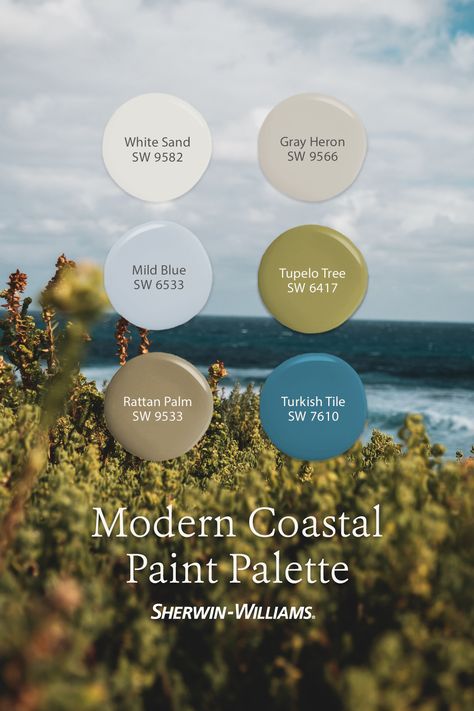 Can't get to the beach? Bring the beach to you with Sherwin-Williams paint colors featuring modern coastal-inspired earthy greens, soft blues, and gentle neutrals. Tap this pin to order free paint chips of all six hues, then get your DIY painting project started. #sherwinwilliams #paint #painting #modern #coastal #palette #decor #interiordesign Bayou House, Coastal Home Exterior, Farmhouse Color Palette, Coastal Palette, Beach Color Palettes, Coastal Paint, Sherwin Williams Color Palette, Coastal Color Palette, Earthy Greens