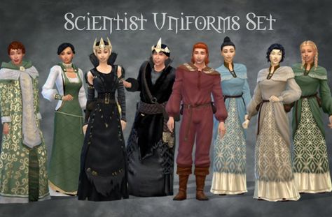 Medieval Sim Tailor & Carpenter — Medieval Scientist Uniforms Set Medieval Scientist, Medieval Science, Sims 4 Medieval, Sims 4 Decades Challenge, Sims Medieval, Science Centre, Medieval Clothes, Staff Uniforms, Sims 4 Dresses