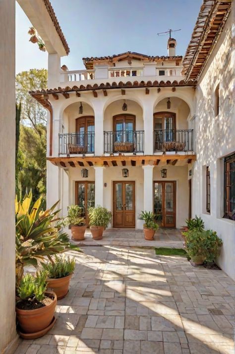 Mediterranean House with Pool and Garden - Design Ideas AI Mediterranean Porch Ideas, Spanish Style Condo, Spanish Style Homes Exterior, Modern Mediterranean Architecture, House With A Garden, Villa Balcony, Spanish Mediterranean Homes, Mediterranean Houses, Italian Style Home