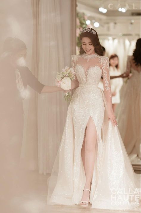 Long sleeve mermaid with neck pieace and long train overskirt Elegant Long Sleeve Wedding Dresses, Wedding Dresses Whimsical, Simple Wedding Gowns, Bride Dress Simple, Classy Wedding Dress, Stylish Wedding Dresses, Fancy Wedding Dresses, فستان سهرة, A Wedding Dress