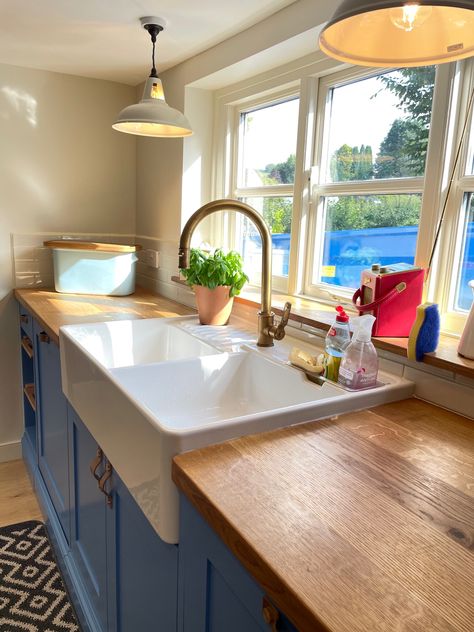 Colourful Bespoke Shaker Kitchen with dog bed Cornwall House Interiors, Shaker Style Interior Design, Shaker Style Interior, Cornwall House, Knife Drawer, Bed With Posts, Shaker Style Kitchens, Butler Sink, Brass Tap